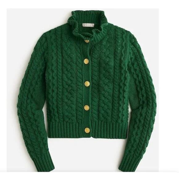 J. Crew Sweaters - J Crew Cable Knit Cardigan Ruffle Neck Button Front Wool CHRISTMAS Sz small